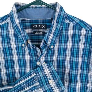 Chaps Button Down Shirt Mens XLT Blue Plaid Stretch Easy Care Cotton Blend